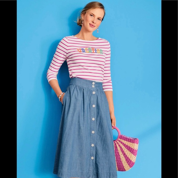 Talbots Tops - Talbots White Pink Striped Vacation Embroidered Knit 3/4 Sleeve Tee Like New